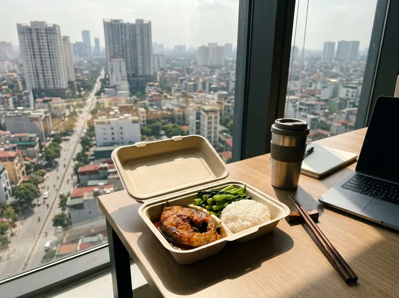 Bàn làm việc và cơm sạch thanh lành